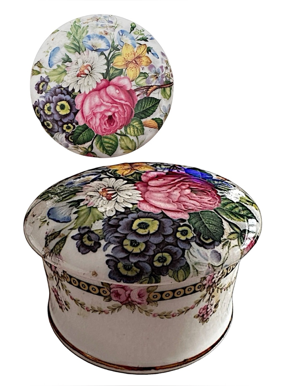 Vintage Crownford Fine Bone China Trinket Box 2.25” Round Floral Rose England